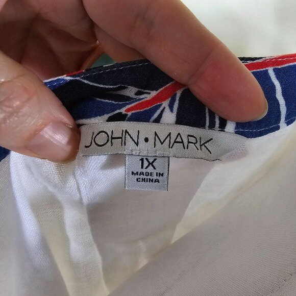 John Mark White Popover Linen Tunic 1X V-neck Blouson Sleeve Tropical Floral - Picture 5 of 12